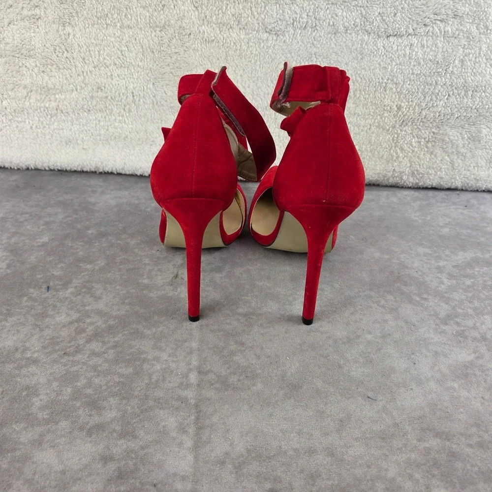 MM Joly Red Faux Suede Pointed Toe Bow Ankle Strap Pumps Stiletto Heels Size 9